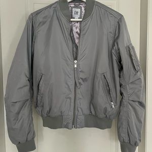 Grey XS bomber jacket, lavender colour inside. Excellent condition, satin feel